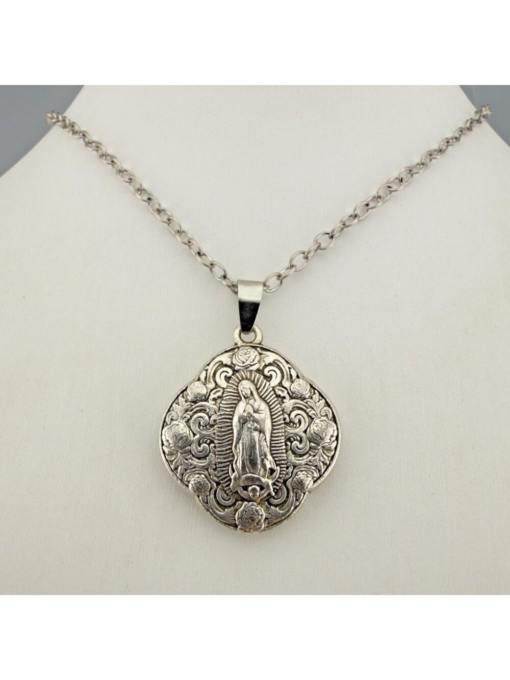 Our Lady of Guadalupe Silver Tone Pendant Necklace 24”